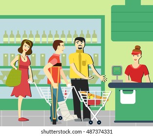 good manners.man gives way to disabled in the supermarket.supermarket cashier.the queue at the store