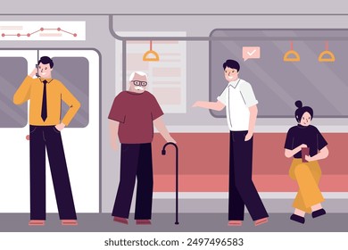 Good manners. Guy on metro gives up his seat to grandfather. Etiquette, concept. Tired aged man and various people in subway. Conscience, ethics and morality. Respect aged man. vector illustration