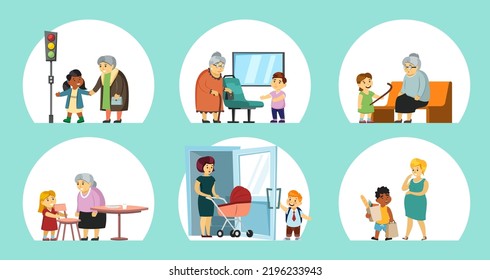 good manners kids. polite little people children giving way to elderly characters and helping to parents. Vector set conceptual pictures