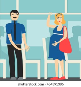 good manners. the man on the bus gives way to the pregnant lady.etiquette.tired woman and man.Conscience ethics and  moral.respect pregnant woman