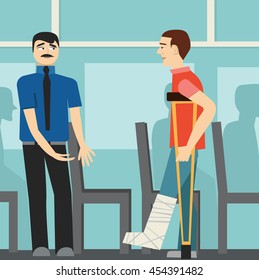 good manners. the man on the bus gives way to disabled.etiquette.man on crutches.broken leg.Conscience ethics and  moral.