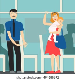 good manners. the man on the bus gives way to the lady with child.etiquette.tired woman and man.Conscience ethics and  moral.respect pregnant woman