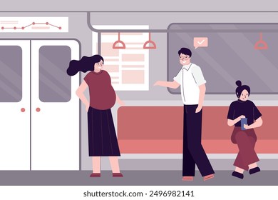 Good manners. Man on metro gives up his seat to pregnant woman. Etiquette, concept. Tired woman and people in subway. Conscience, ethics and morality. Respect pregnant woman. flat vector illustration