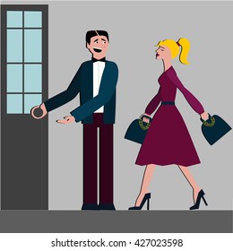 gute Manieren. Mann öffnete die Tür für Frau.etiquette. decorum.shopping women.elegantes Kleid und Hügel