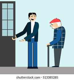 Good Manners. Man Open The Door For Old Man.etiquette.polite Man.Conscience Ethics And  Moral.respect Old People.