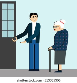 Good Manners. Man Open The Door To An Elderly Person.tired Woman.etiquette.polite Man.Conscience Ethics And  Moral.respect Old People