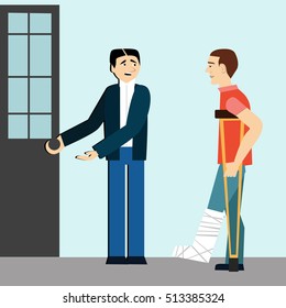 Good Manners. Man Open The Door To Disabled.etiquette.man On Crutches.broken Leg.polite Man