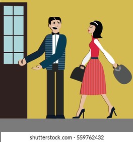 Good manners. man open the door for woman.etiquette. decorum.shopping woman.elegant dress and hills.Chinese woman