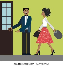 Good manners. man open the door for woman.etiquette. decorum.shopping woman.elegant dress and hills.african woman