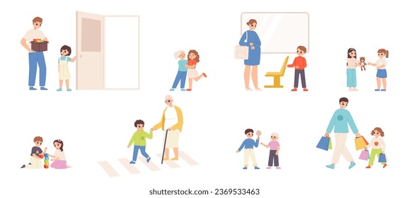 Good manners and polite kids. Cute good children in different situations in public transport and on street. Helping toddlers snugly vector scenes