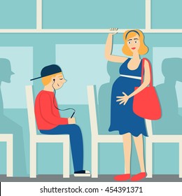 good manners.pregnant woman in the bus.to give way to pregnant woman.tired woman and young boy with player.Conscience ethics and  moral.respect pregnant woman