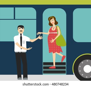 good manners.pregnant woman in the bus.to give hand to pregnant woman.tired woman and man.Conscience ethics and  moral.respect and help pregnant woman