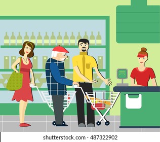 good manners.retired man in the supermarket.to give way to an elderly person.supermarket cashier.the queue at the store.Conscience ethics and  moral.respect old people