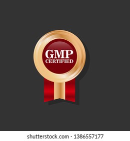 Good Manufacturing Practice. GMP Certified.gold emblem with ribbon.