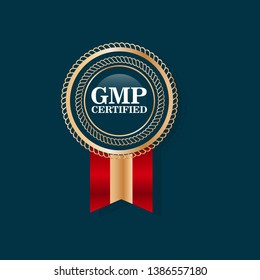 Good Manufacturing Practice. GMP Certified.gold emblem with ribbon.