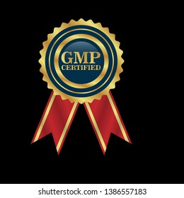 Good Manufacturing Practice. GMP Certified.gold emblem with ribbon.