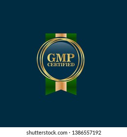 Good Manufacturing Practice. GMP Certified.gold emblem with ribbon.