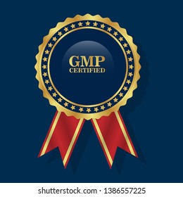 Good Manufacturing Practice. GMP Certified.gold emblem with ribbon.