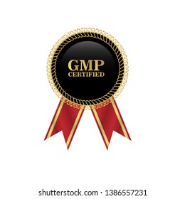 Good Manufacturing Practice. GMP Certified.gold emblem with ribbon.