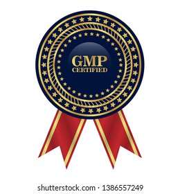 Good Manufacturing Practice. GMP Certified.gold emblem with ribbon.