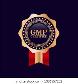 Good Manufacturing Practice. GMP Certified.gold emblem with ribbon.