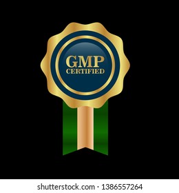 Good Manufacturing Practice. GMP Certified.gold emblem with ribbon.