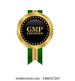 Good Manufacturing Practice. GMP Certified.gold emblem with ribbon.