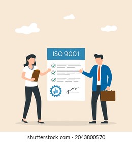 Good manufacturing practice. ISO 9001 certificate with people. Standard for quality control, international certification concept. Vector illustration