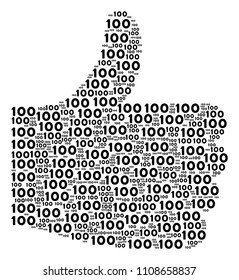 Good mark figure constructed with 100 text objects in different sizes. Abstract vector thumb finger up representaion. 100 texts are formed into poll shape.