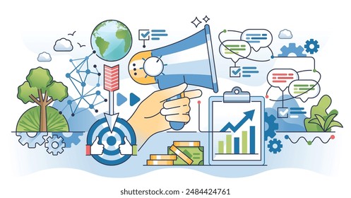 Good marketing strategy with effective promotion outline hands concept. Targeted audience for ads efficiency and sales boost vector illustration. Social media communication for customer engagement.