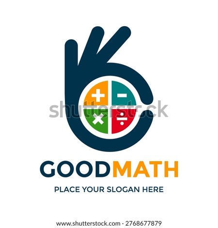 Good math logo with an OK hand gesture, letter g, and calculator symbols. Ideal for education, school, and accounting businesses.