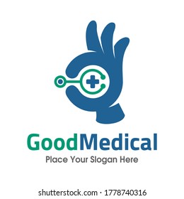 Good medical vector logo template. This design uses a hand and stethoscope symbol. Suitable for health business.