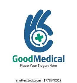 Gute medizinische Vektorgrafik-Logo-Vorlage. Dieses Design verwendet ein Hand-und Stethoskop-Symbol. Geeignet für das Gesundheitswesen.
