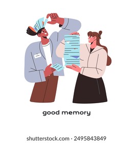 Good memory concept. Employee with excellent skill to remember, ability of holding many data in mind. Office worker holds pile of documents. Flat isolated vector illustration on white background