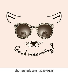 Good meowing. Vector typographic poster. Inspirational and motivational t-shirt print.Vintage sunglasses illustration.