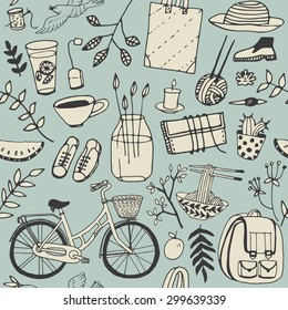 Good mood doodle in vector. Bicycle, food, garden, cloths, tea time.