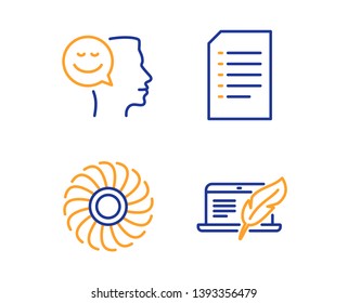 Good mood, Fan engine and Document icons simple set. Copyright laptop sign. Positive thinking, Ventilator, Information file. Writer device. Technology set. Linear good mood icon. Colorful design set