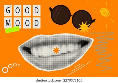 Buen humor, collage de arte a medio tono. Sonrisa en los labios femeninos, emoción positiva, un día soleado brillante, banner, fondo vectorial. Collage moderno con una sonrisa feliz, afiche, anuncio de un buen humor de verano.