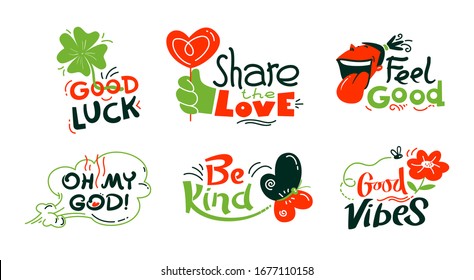 Good Mood Icons Set Isolated on White Background. Colorful Banners and Badges with Doodle Elements, Hand Written Typography. Clover, Flower and Bee Stickers, Smiling Face. Cartoon Vector Illustration