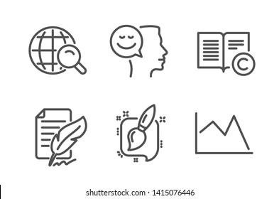 Good Mood, Internet Search And Feather Signature Icons Simple Set. Copyright, Painting Brush And Line Chart Signs. Positive Thinking, Web Finder. Education Set. Line Good Mood Icon. Editable Stroke