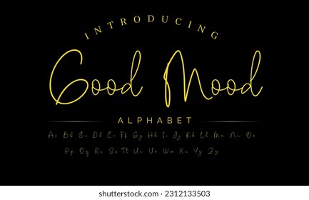 Good Mood Lettering signature font isolated on grey background. brus style alphabet. Vector logo letters.