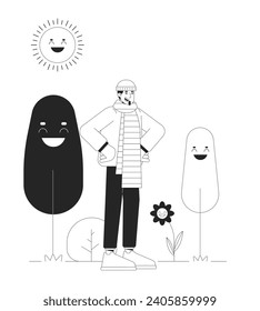 Good mood on winter sunny day black and white 2D illustration concept. Feeling better caucasian man cartoon outline character isolated on white. Light therapy benefit metaphor monochrome vector art