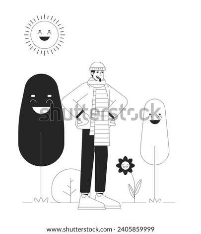 Good mood on winter sunny day black and white 2D illustration concept. Feeling better caucasian man cartoon outline character isolated on white. Light therapy benefit metaphor monochrome vector art