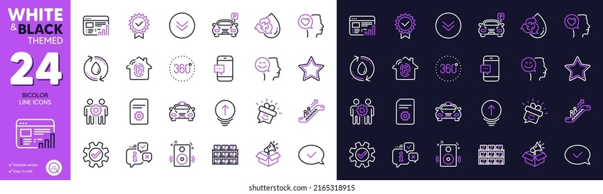 Good Mood, Service And Smartphone Message Line Icons For Website, Printing. Collection Of Parking, Escalator, Boxes Shelf Icons. Swipe Up, Fingerprint Access, 360 Degrees Web Elements. Vector