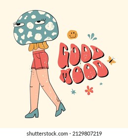 Good mood slogan with psychedelic mushroom, flowers and other retro elements. 70's Groovy Themed in Hand Drawn style. Hippie illustration for girl tee, t-shirt and