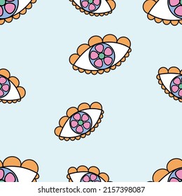 Good mood in the style of the 70s Psychedelic elements of hypnotic eyes in retro style Hand drawn.
