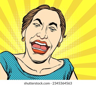 good mood woman smile and laugh happily. Pop art retro hand drawn style vector design illustrations.