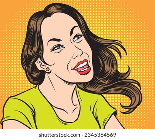 good mood woman smile and laugh happily. Pop art retro hand drawn style vector design illustrations.