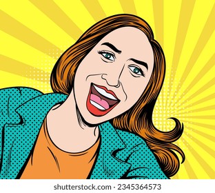 good mood woman smile and laugh happily. Pop art retro hand drawn style vector design illustrations.