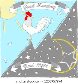 Good Mornin and Good Night.Day and Night.Nature scene with rooster,sun.moon and stars.Nature.